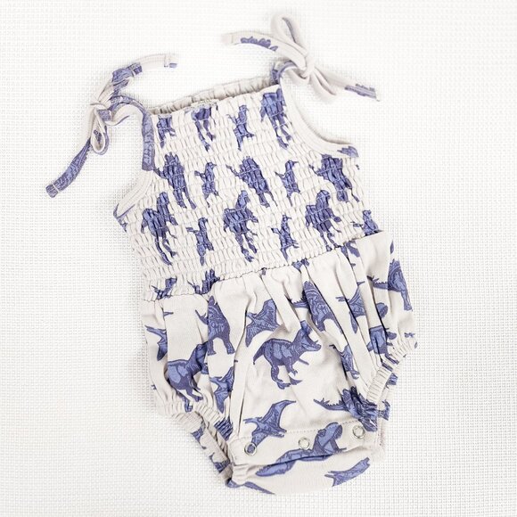 Kate Quinn Purple Dinosaur Organic Smocked Tie Bubble 3-6 Months Summer Romper - Picture 6 of 9